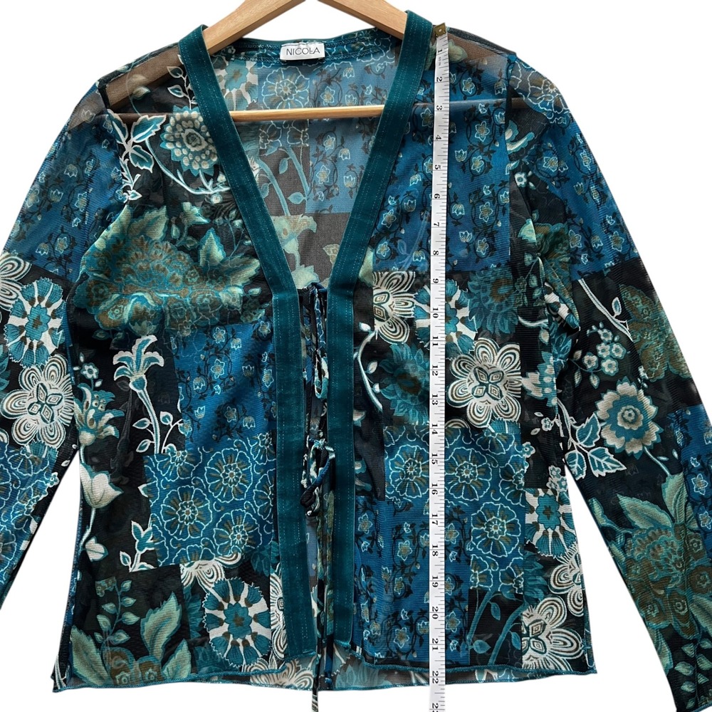 Nicola VTG Y2K Mesh Front Tie Velvet Trim Floral Long Sleeve Top M Fairy Grunge - Picture 11 of 12